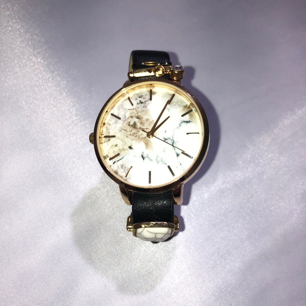 Rose Gold Marble Floral Face Watch Black Leather Band Stone Accent